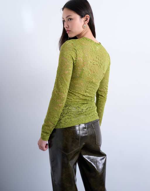 Top verde de manga larga con lateral fruncido de encaje de Topshop, 3 de 4