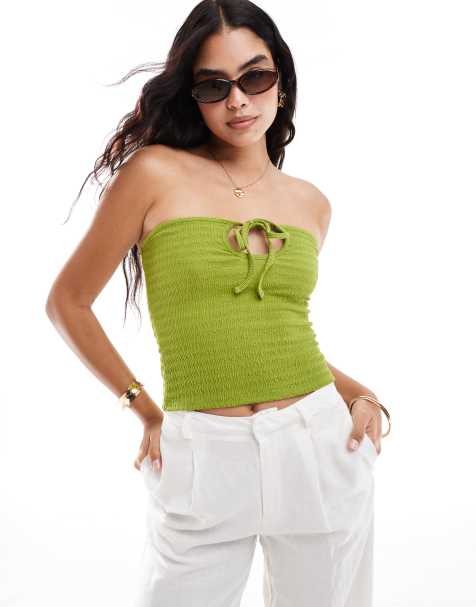 Top verde lima con escote palabra de honor y abertura con detalle de lazada de tejido texturizado de ASOS DESIGN - view 1