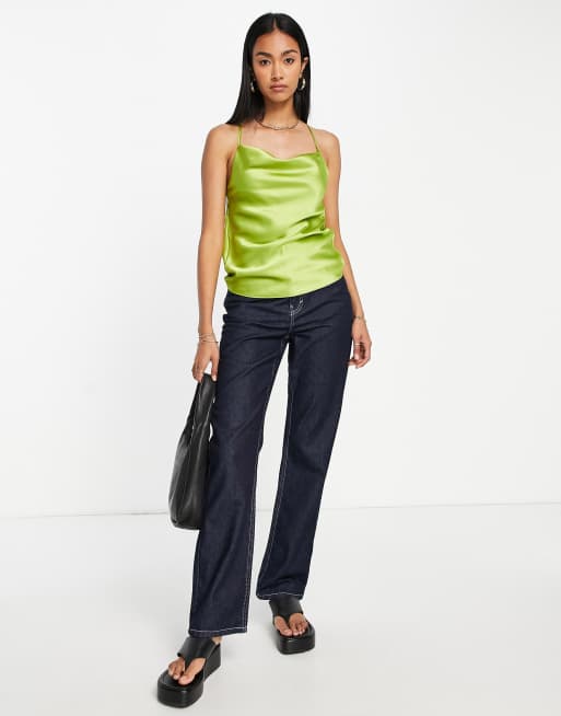 Top verde lima de tirantes de corte al bies con cuello desbocado de satén de Topshop, 4 de 4