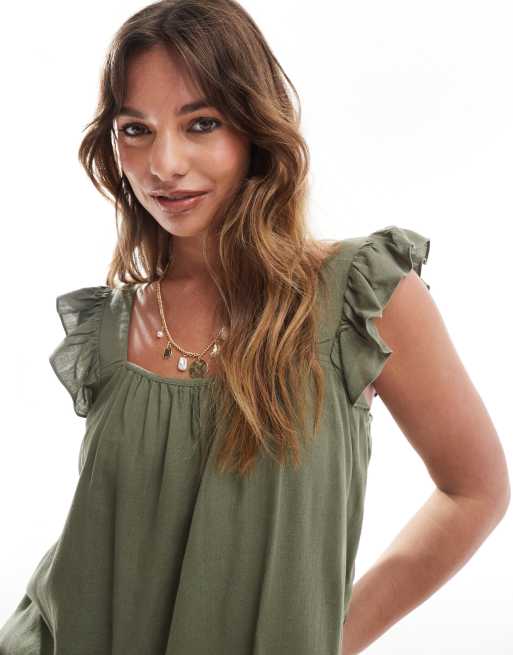 Top verde liquen de tirantes con mangas fluidas de tejido efecto lino de Pieces (parte de un conjunto), 3 de 4