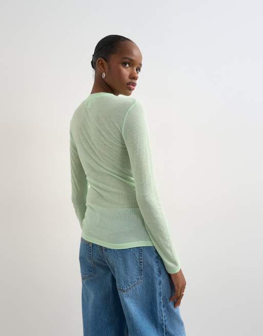 Top verde menta de manga larga con cuello ancho de canalé transparente premium de Topshop, 4 de 4