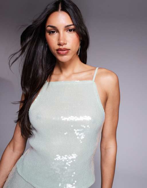 Top verde menta de tirantes con espalda al aire de lentejuelas de