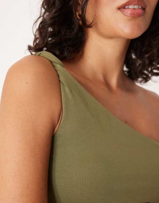 Top verde oliva asimétrico con cintura entallada y detalle drapeado de ASOS DESIGN, 2 de 4