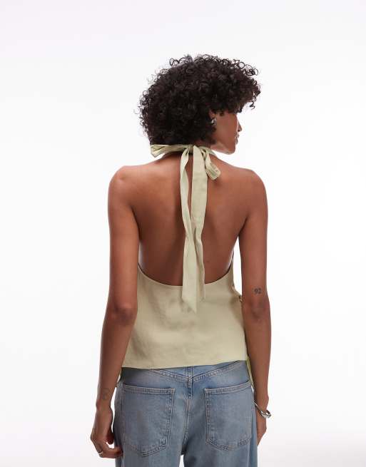 Top verde oliva con cuello halter de cupro muy suave de Topshop, 3 de 4