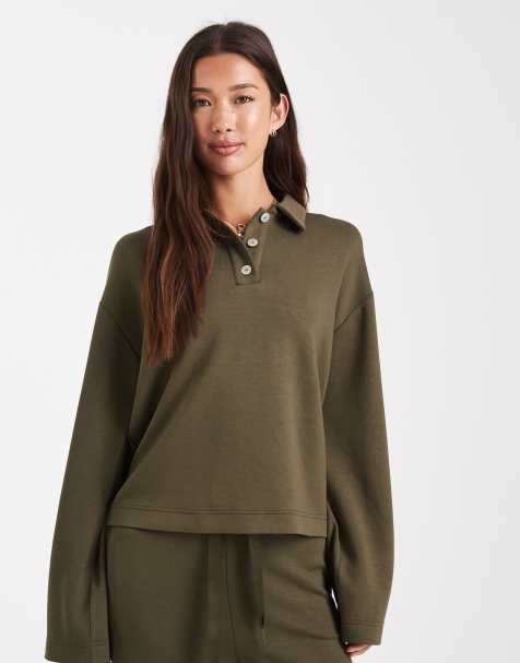 Top verde oliva con cuello tipo polo de tejido de sudadera muy suave de Vero Moda (parte de un conjunto) - view 1