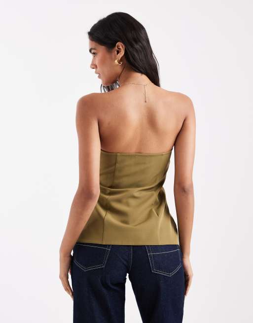 Top verde oliva con escote palabra de honor abotonado en la parte delantera de ASOS DESIGN, 3 de 4