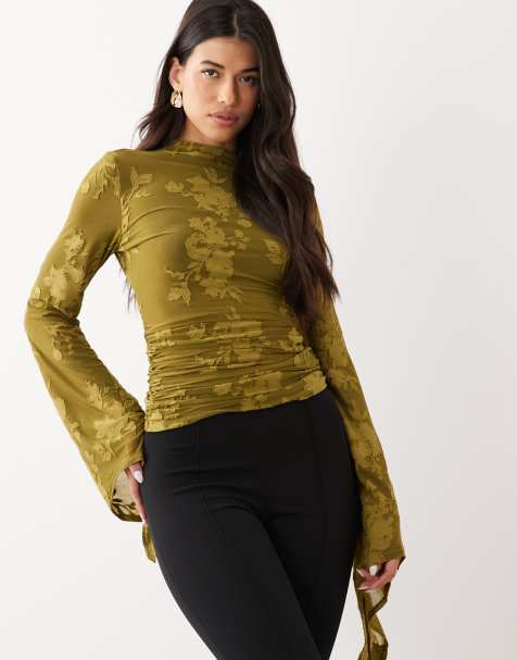 Top verde oliva con mangas ángel de devoré de ASOS DESIGN - view 1