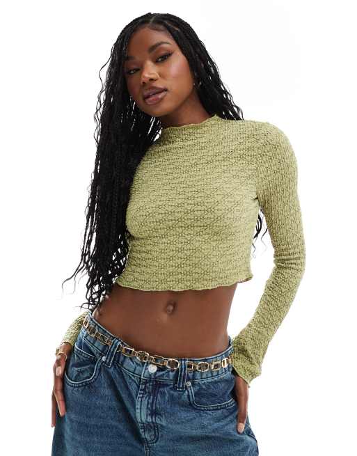 Top verde oliva de manga larga con puños acampanados de tejido texturizado de ASOS DESIGN