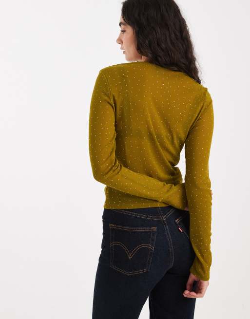 Top verde oliva de manga larga de malla texturizada con strass termosellado de ASOS DESIGN, 3 de 4