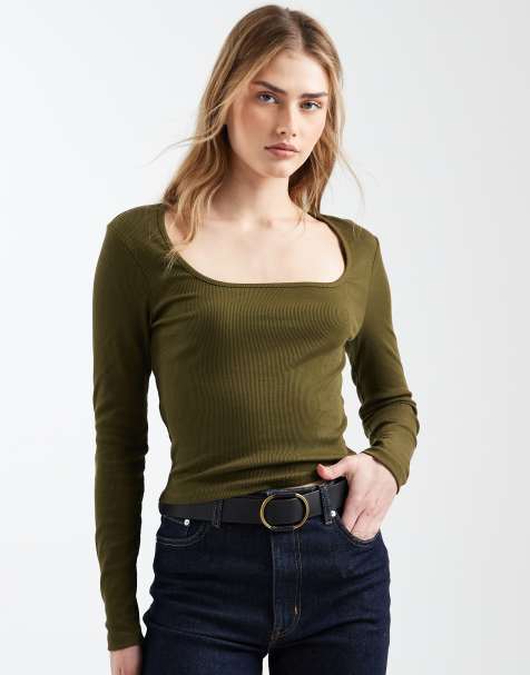 Top verde oliva oscuro de manga larga con cuello cuadrado de canalé de ASOS DESIGN - view 1