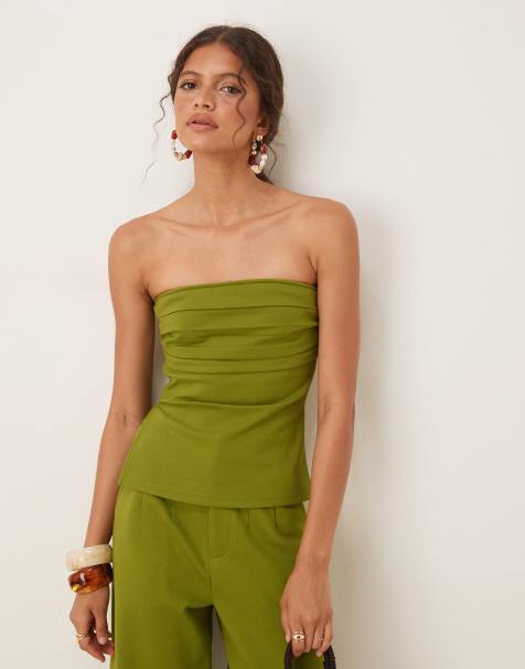 Top verde oliva plisado con escote palabra de honor de punto roma de ASOS DESIGN (parte de un conjunto) - view 1