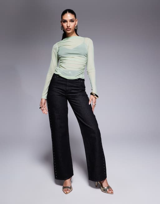 Top verde salvia de manga larga con lateral fruncido de malla de ASOS DESIGN, 3 de 4