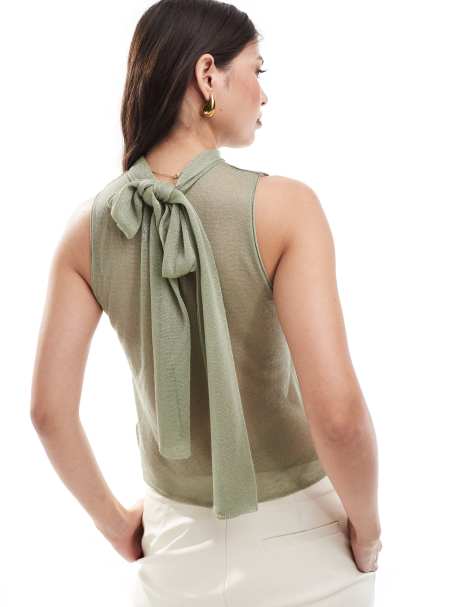 Top verde salvia traslúcido con detalle de lazada en el cuello de punto de ASOS DESIGN - view 1
