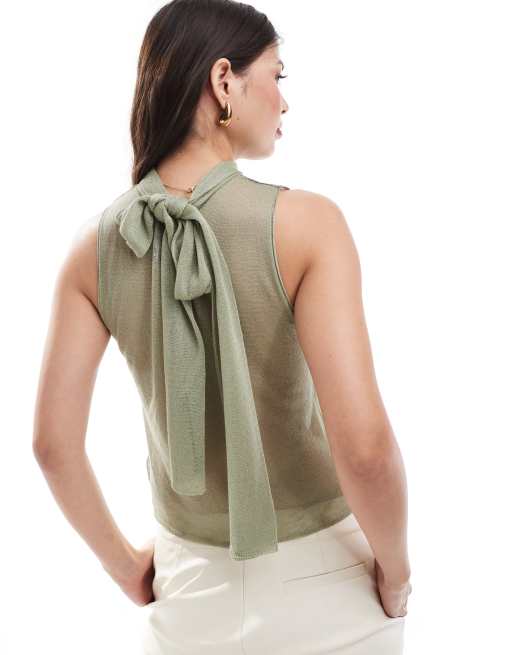 Top verde salvia traslúcido con detalle de lazada en el cuello de punto de ASOS DESIGN