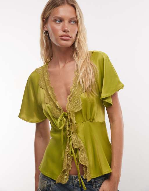 Top vintage Reclaimed à nouer sur le devant avec finitions en dentelle, olive, 1 de 4