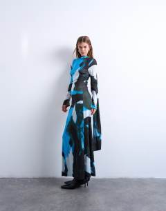 Tophop blurred abstract print maxi dress with scarf detail in blue