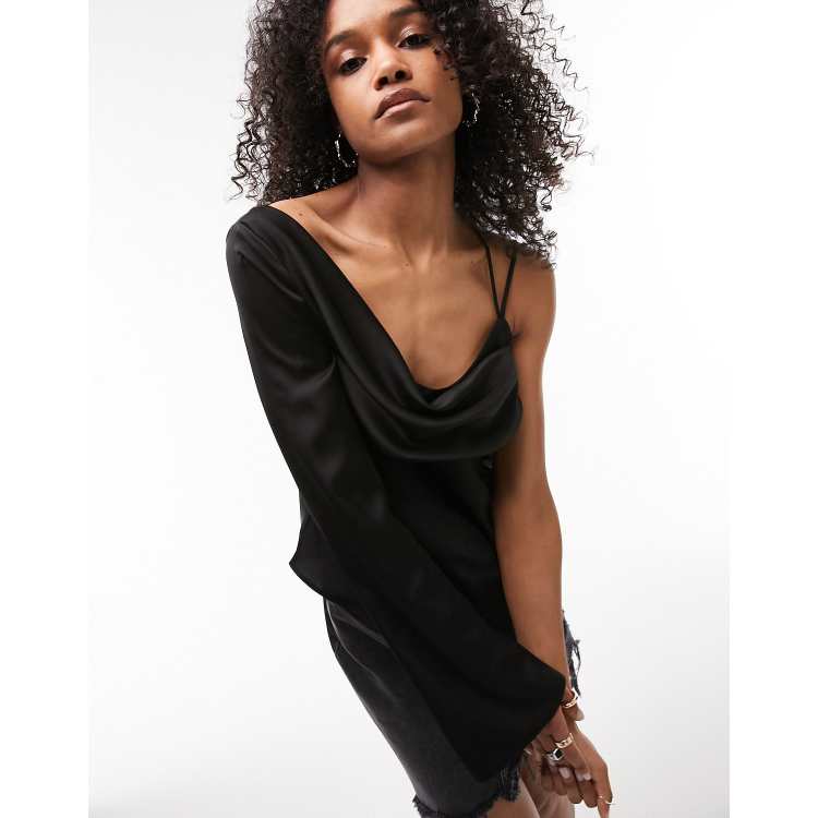 Tophop One Shoulder Top aus Satin mit Wasserfallausschnitt in Schwarz ASOS