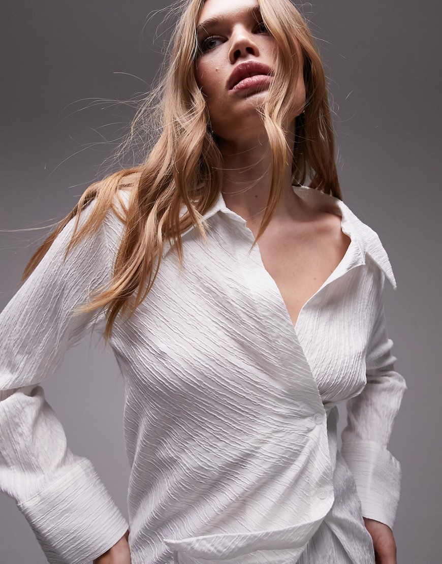 Tophop textured wrap top in ivory-White