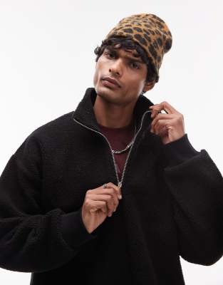 Topman 1/4 Zip Borg Sweatshirt In Black