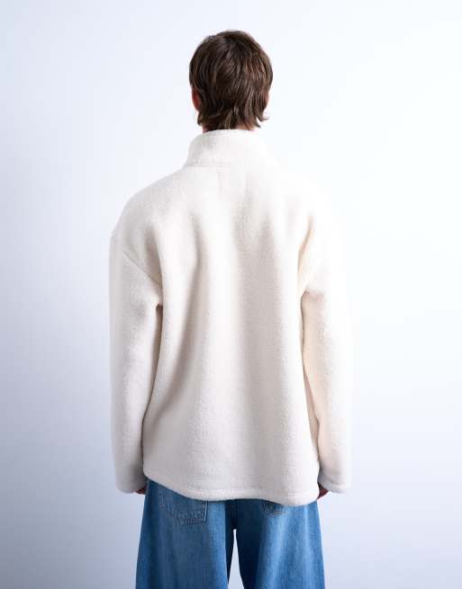 Topman 1/4 zip borg sweatshirt in ecru, 3 of 5