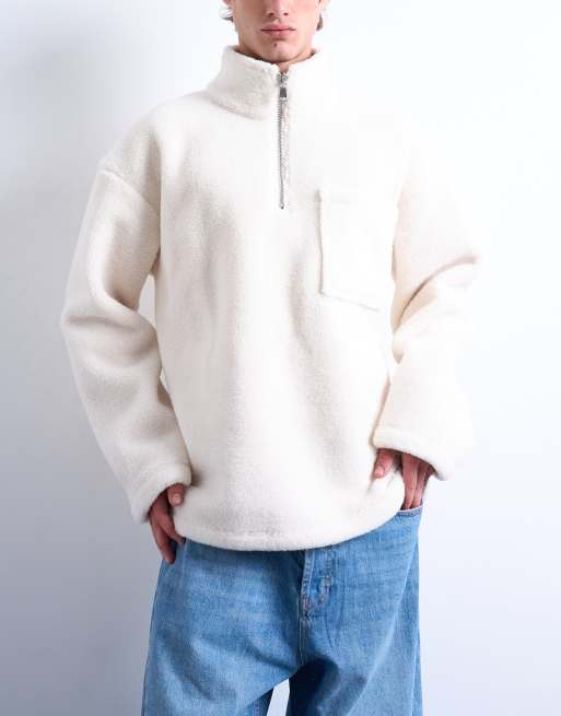 Topman 1/4 zip borg sweatshirt in ecru, 4 of 5