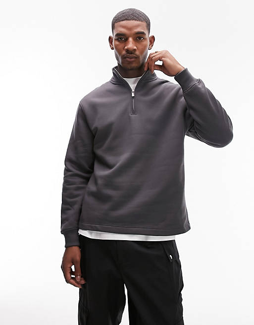 Topman 1/4 zip sweatshirt in charcoal | ASOS