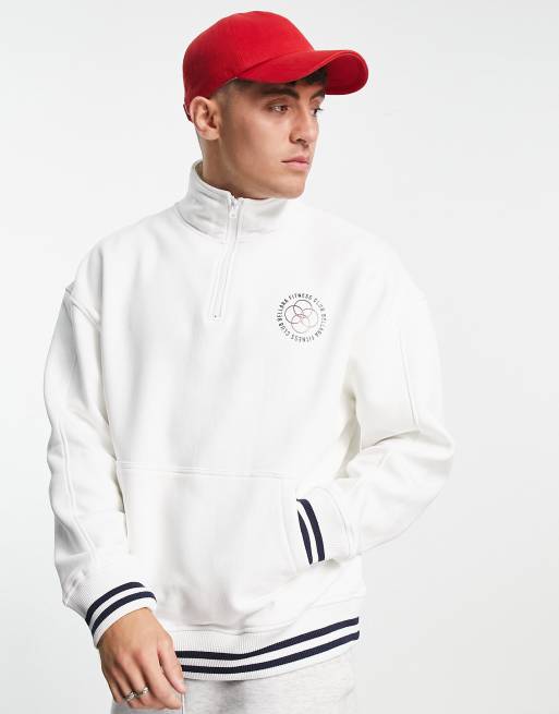 Topman 1/4 zip sweatshirt with tipping in white