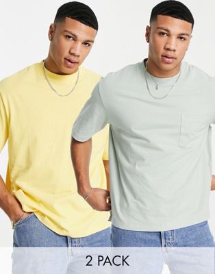 Topman 2 pack boxy fit t-shirt in green and yellow