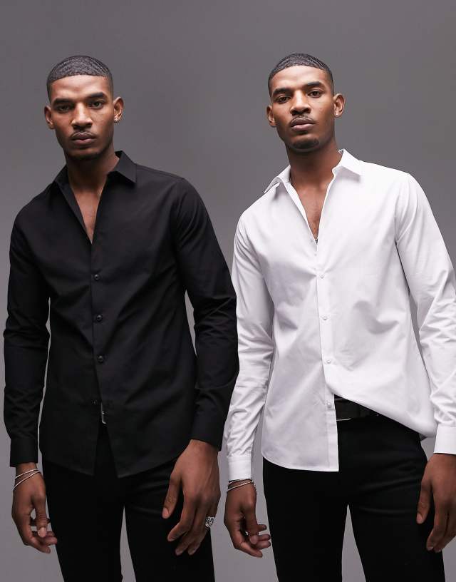 Topman 2-pack long sleeve slim formal shirts in white and black