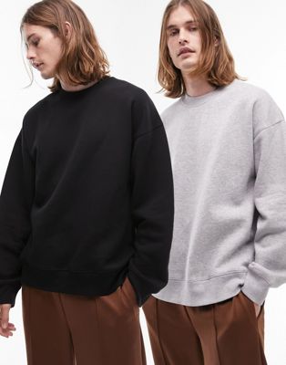 Topman 2 pack oversized sweatshirt in black and grey marl