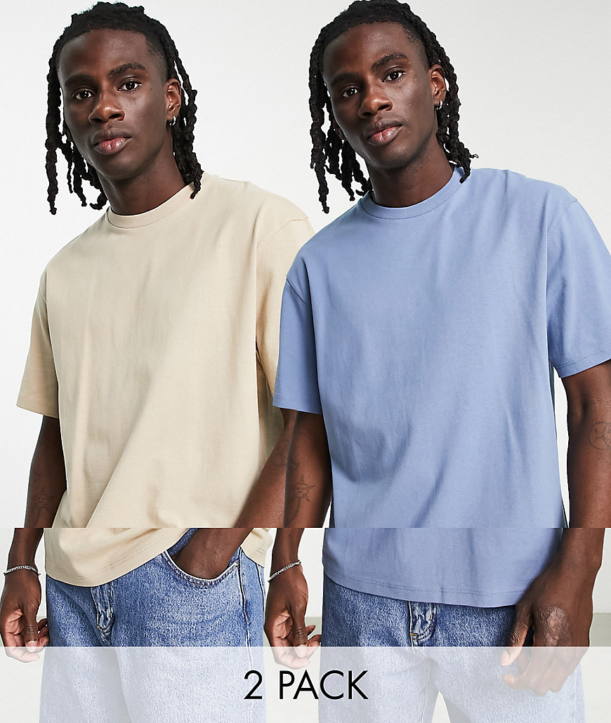Topman 2 pack oversized t-shirt in blue and stone-Multi