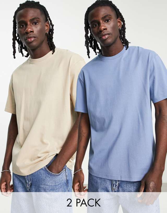 Topman 2 pack oversized t-shirt in blue and stone