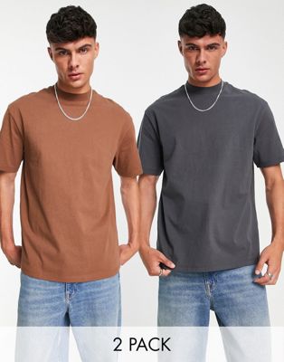Topman 2 pack oversized t-shirt in charcoal and brown