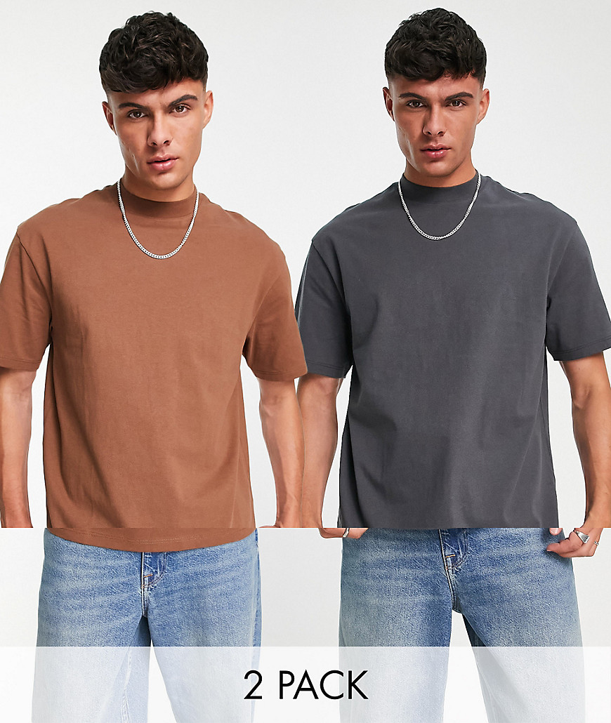 Topman 2 pack oversized T-shirt in charcoal and brown-Multi