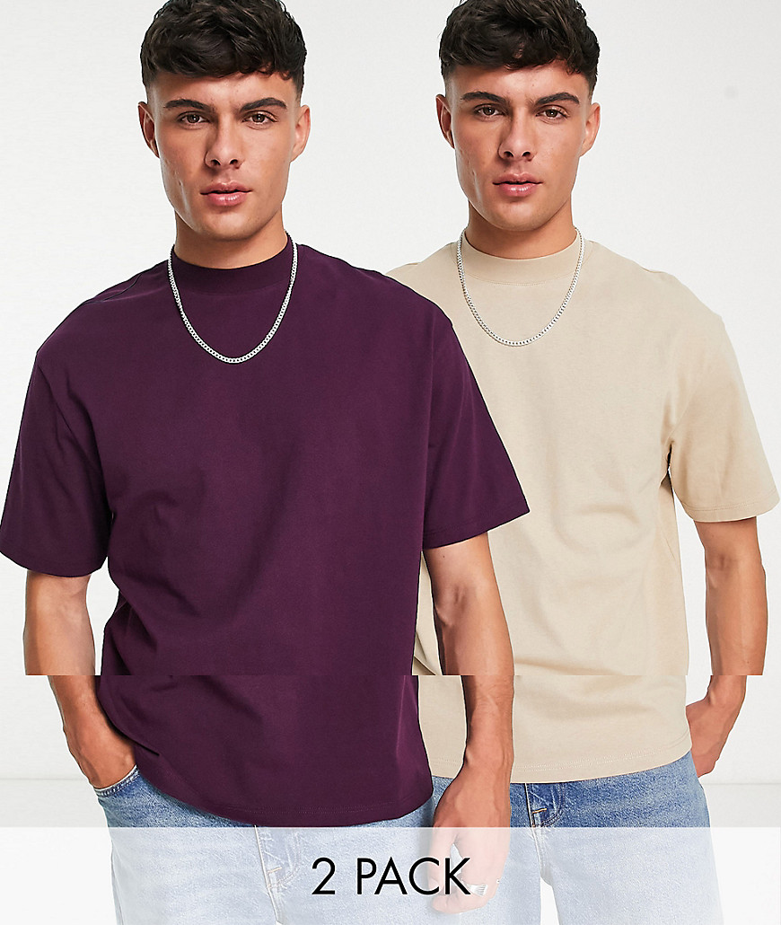Topman 2 pack oversized T-shirt in stone and purple-Multi