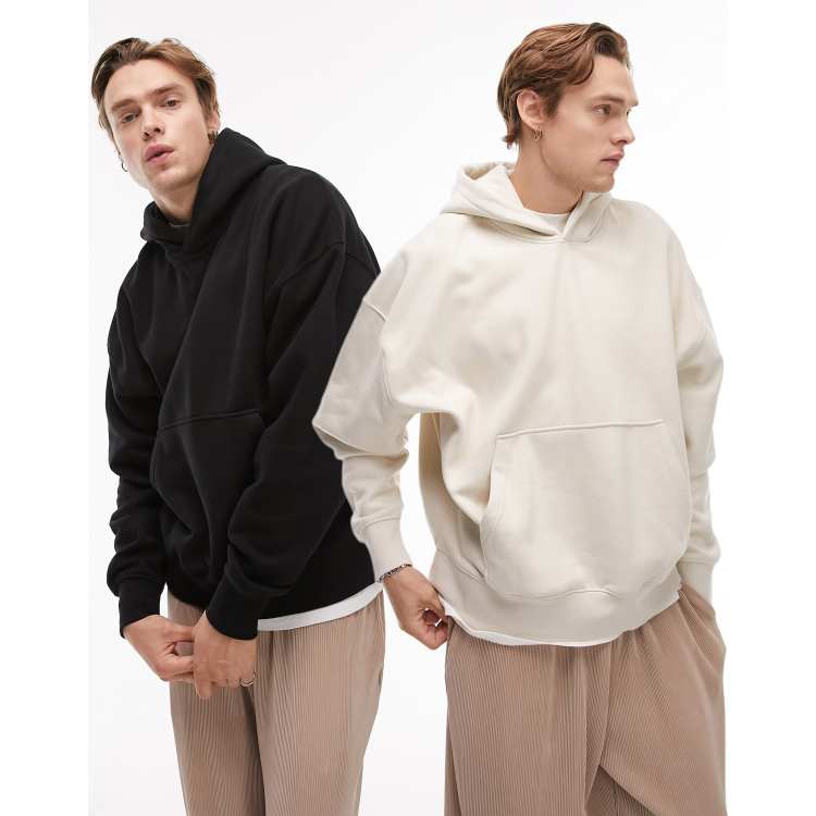 Topman 2 Pack Premium Heavyweight Oversized Hoodie in Black and ecru-Multi