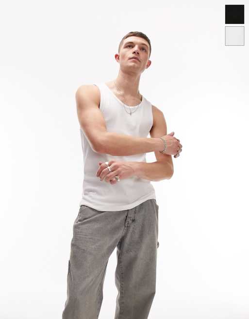 ASOS DESIGN 2 pack muscle fit ribbed tank top with crew neck in white and  gray heather