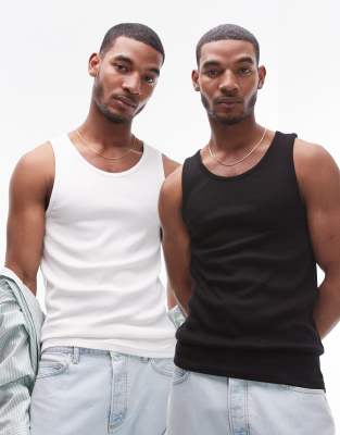 Topman 2 pack rib vest in white and black