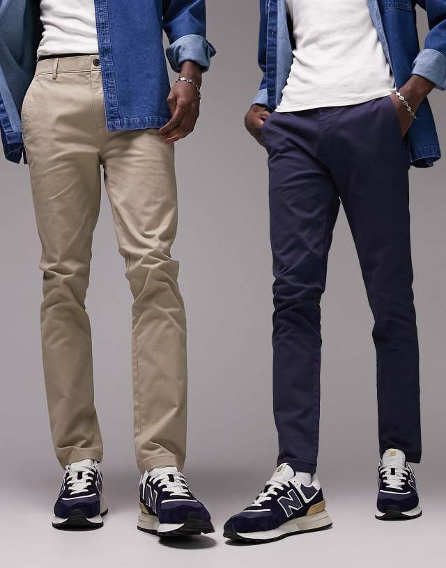 Topman 2-pack skinny chino pants in navy and stone