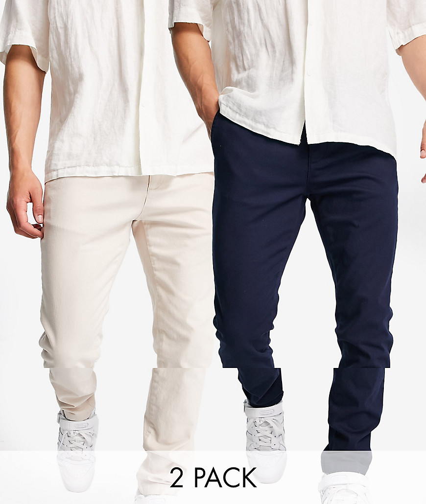 Topman 2 pack skinny chino pants in stone and navy-Multi