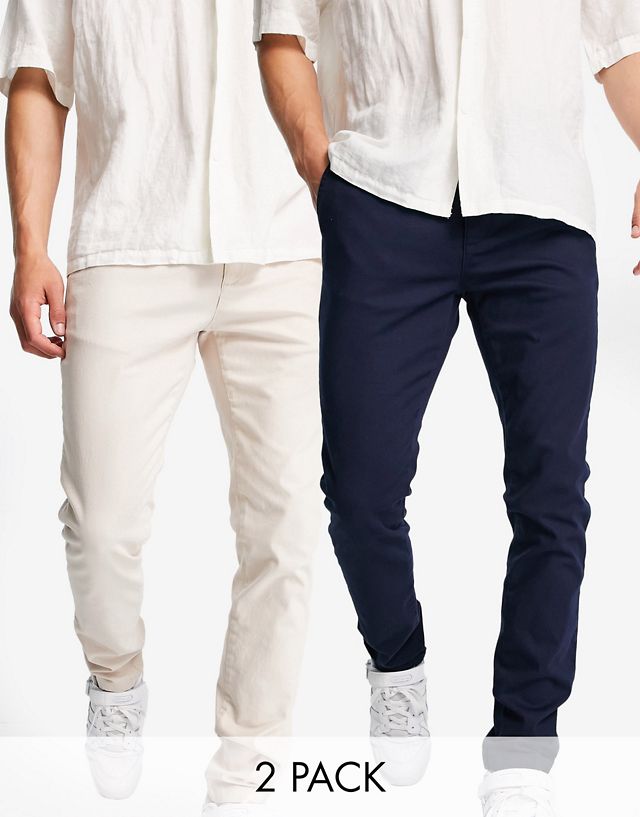 Topman 2 pack skinny chino pants in stone and navy