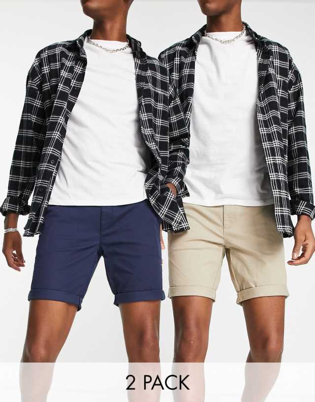 Topman 2 pack skinny chino shorts in navy and stone