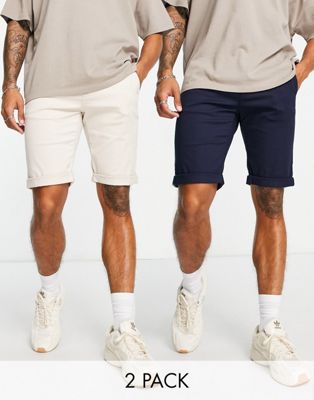 Topman 2 pack skinny chino shorts in stone and navy