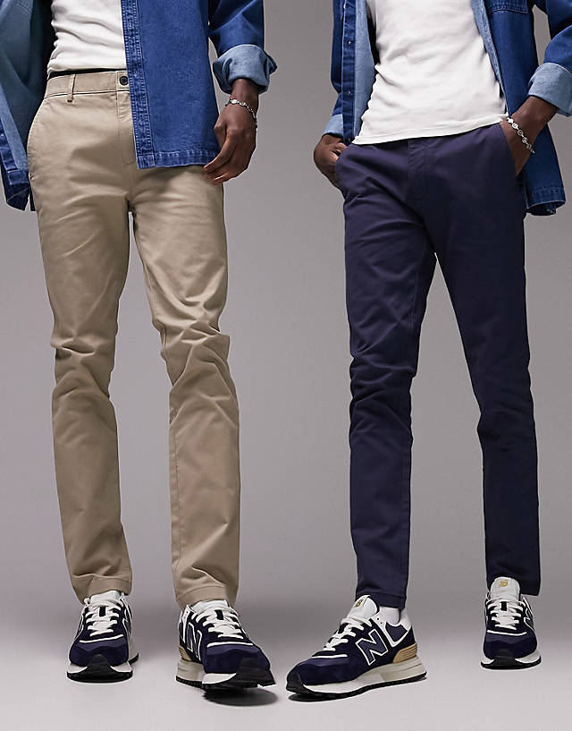 Topman - 2 pack skinny chino trousers in navy and stone