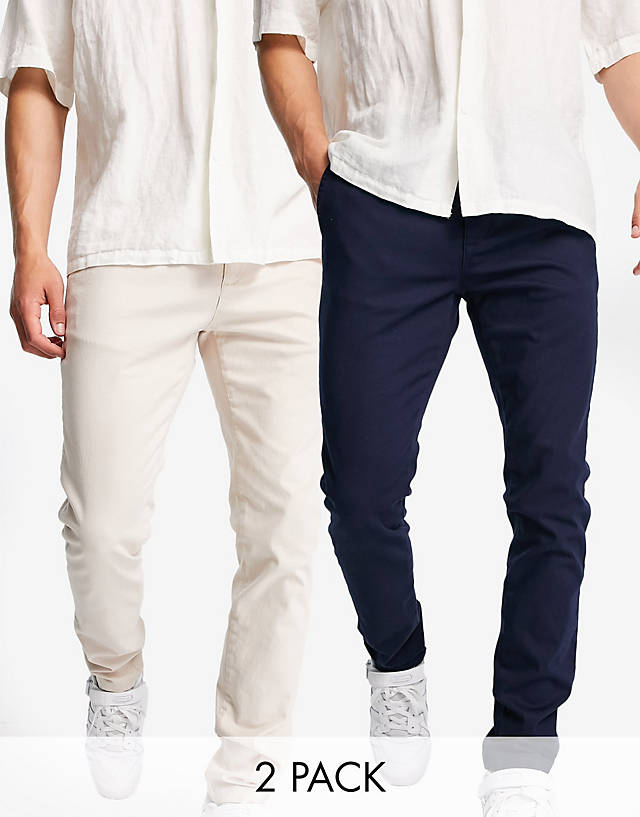 Topman - 2 pack skinny chino trousers in stone and navy
