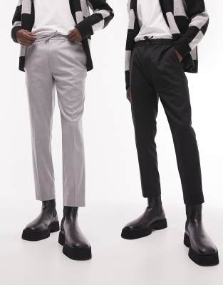 2 pack skinny smart pants with elasticated waistband in black and gray-Multi