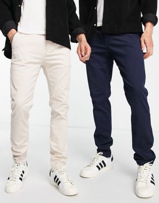 Topman 2 pack slim chino trousers in stone and navy - ASOS Price Checker