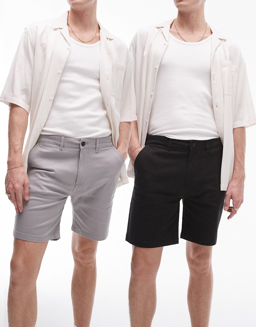 Topman 2 Pack Slim Chino Shorts In Gray And Black-multi