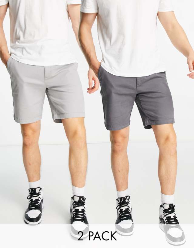 Topman 2 pack slim chino shorts in gray and charcoal