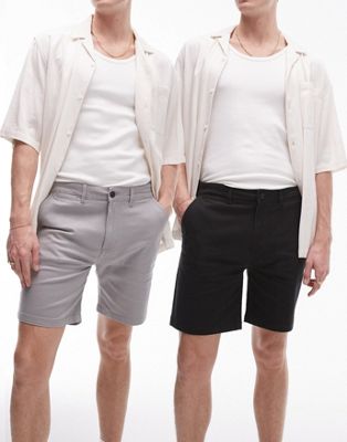 Topman 2 pack slim chino shorts in grey and black